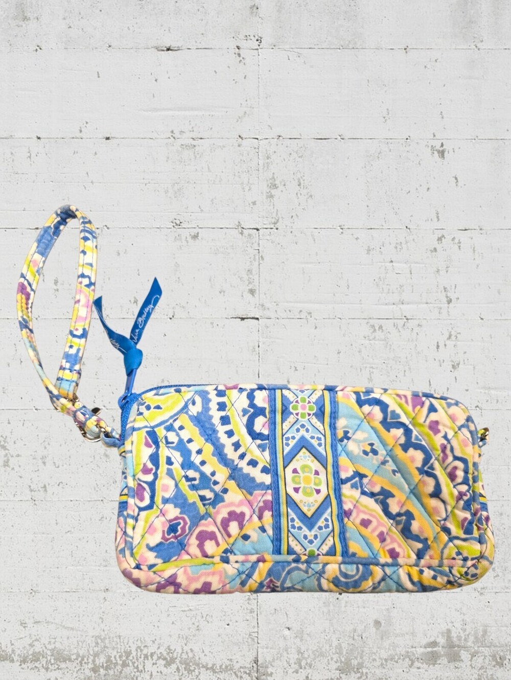 Vera Bradley Quilted Cotton Wristlet Wallet Boho Blue Yellow Pastel Floral Print